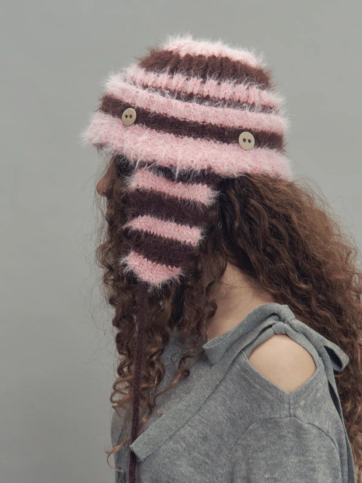 2WAY EAR FLAP BEANIE STRIPE PINK MIX