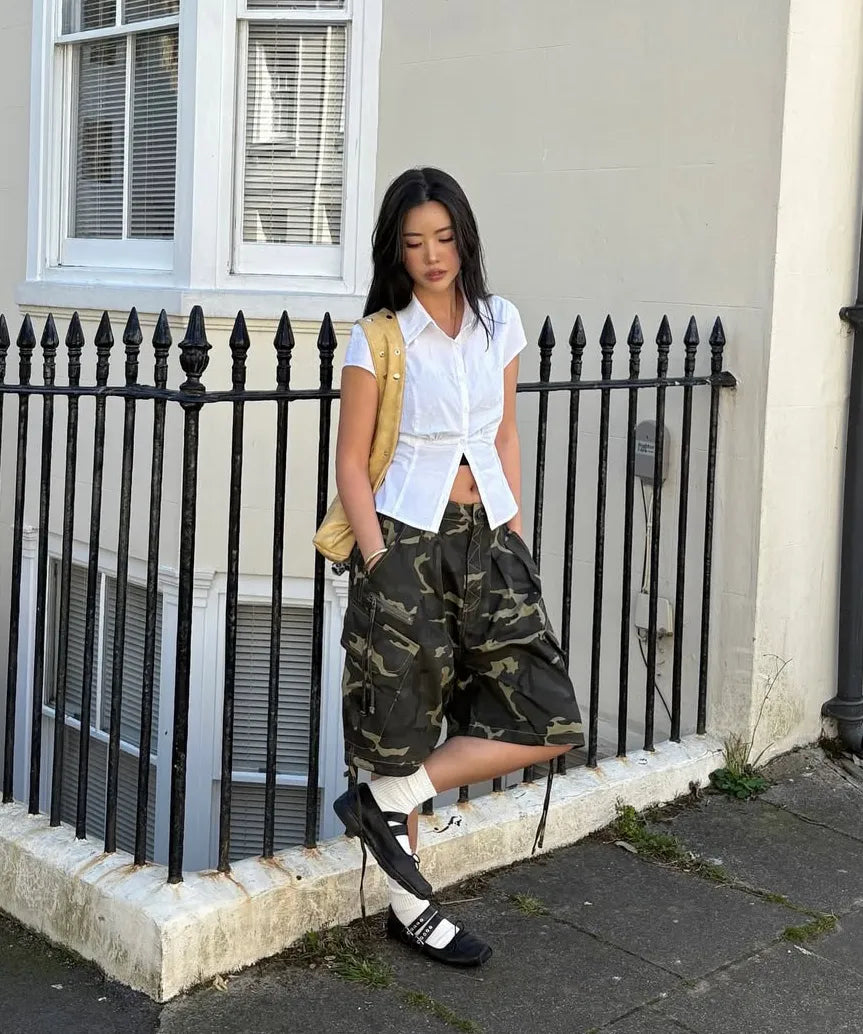 NASTY FANCY CLUB CARGO LETTERING BERMUDA PANTS / KHAKI CAMO