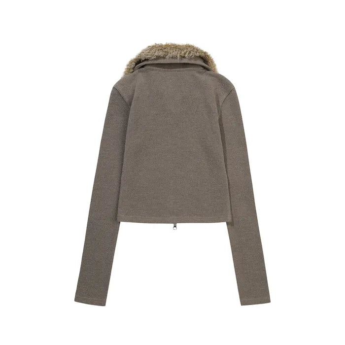 GILA ARCHIVE FUR COLLAR GRAPHIC KNIT ZIP-UP_BROWN