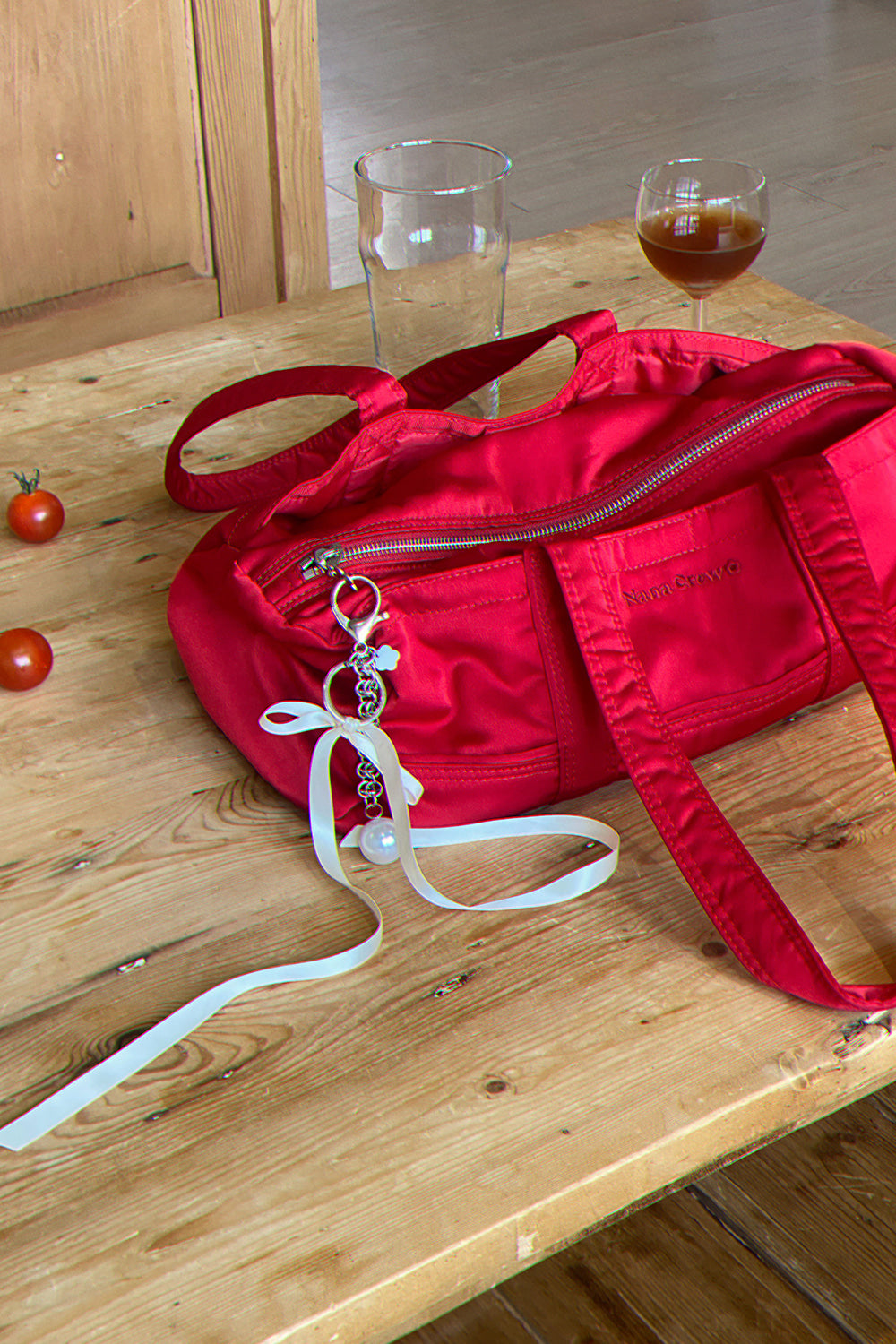 NANACREW MINI DUFFLE BAG - BLOOD RED SATIN