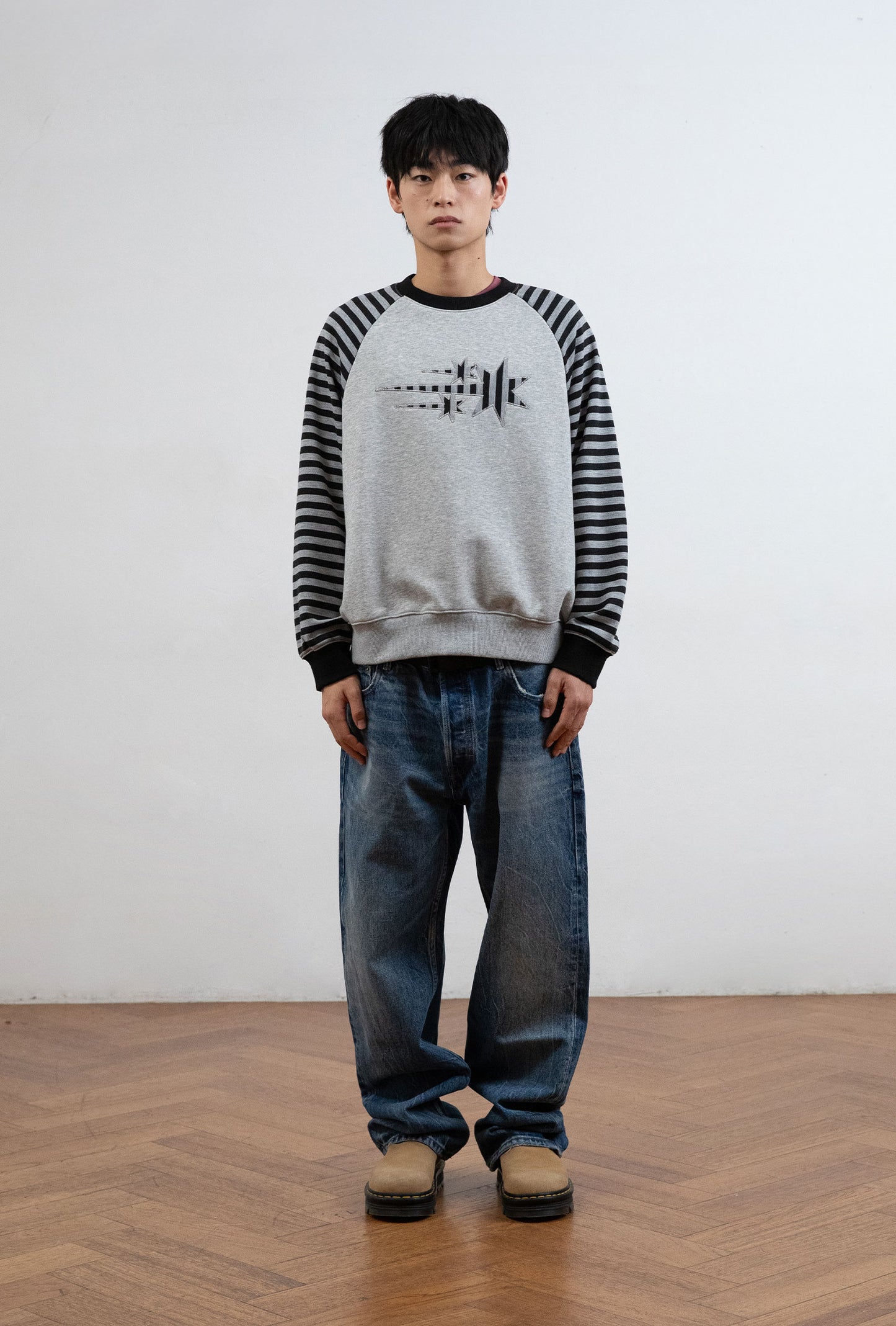 STRIPE 3STAR RAGLAN SWEATSHIRTS [GREY]