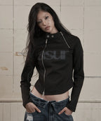[asur] Facade Logo High-Neck Zip-Up - Charcoal/Black