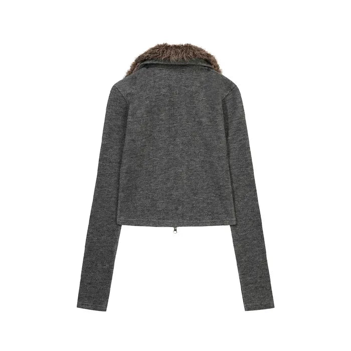 GILA ARCHIVE FUR COLLAR GRAPHIC KNIT ZIP-UP_GREY