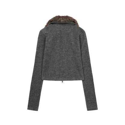 GILA ARCHIVE FUR COLLAR GRAPHIC KNIT ZIP-UP_GREY