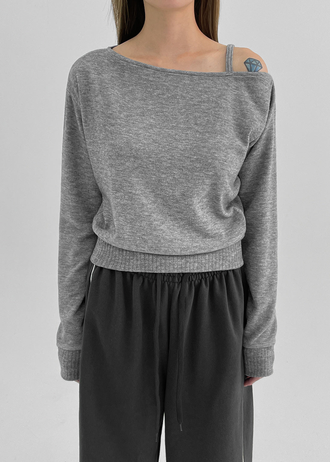 韓國製造 One-Shoulder Knit LS / Melange Grey