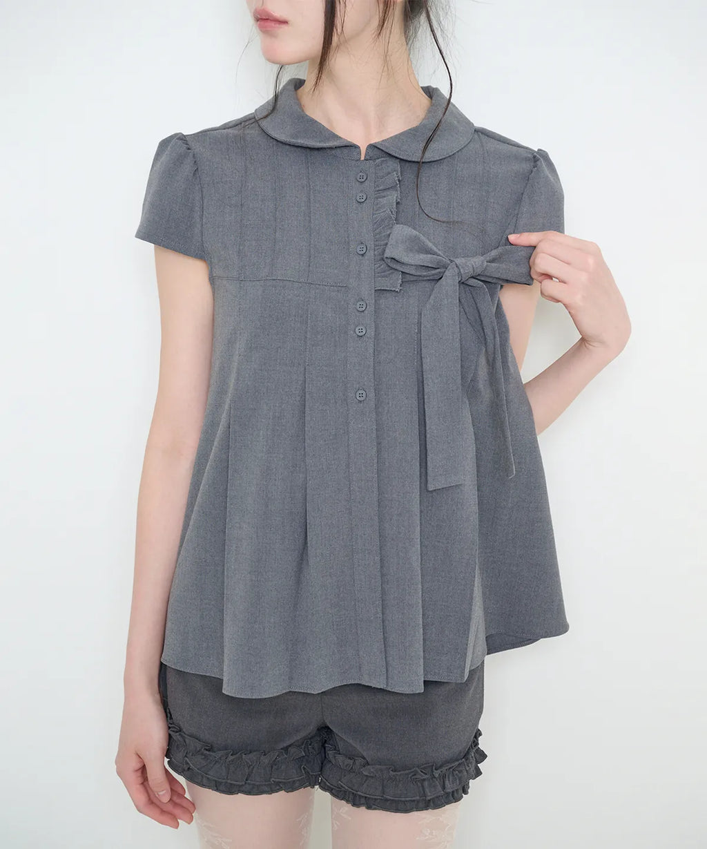 [illigo] RIBBON PLEATED SHORT SLEEVE BLOUSE_GREY
