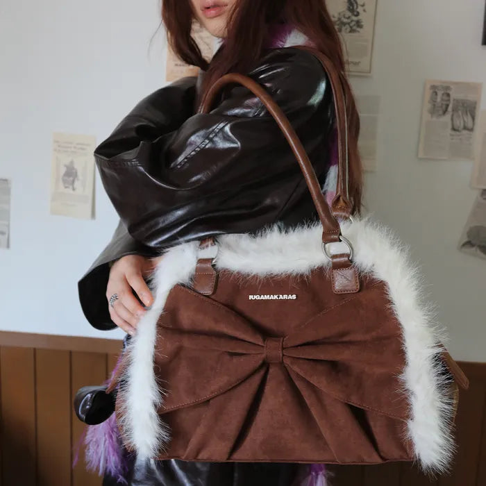 IUGA Ribbon Fur Suede Shoulder Bag (Brown)