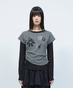 LMR Motif Embroidered Striped Fabric Layered Long-sleeved T-shirt (black)
