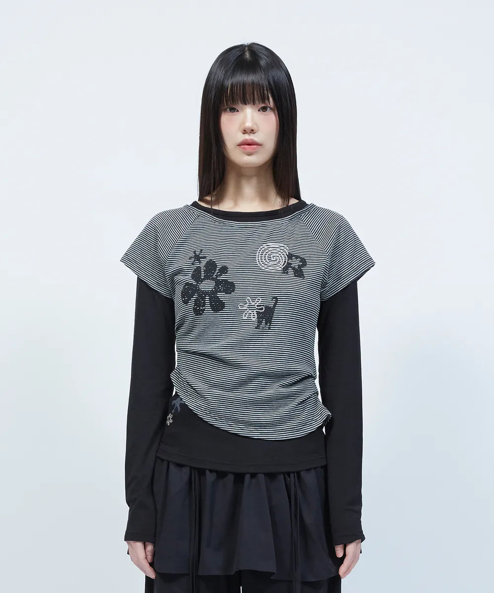 LMR Motif Embroidered Striped Fabric Layered Long-sleeved T-shirt (black)