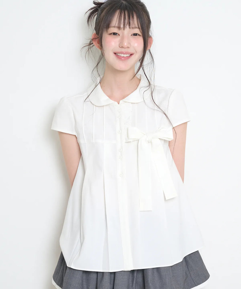 [illigo] RIBBON PLEATED SHORT SLEEVE BLOUSE_WHITE