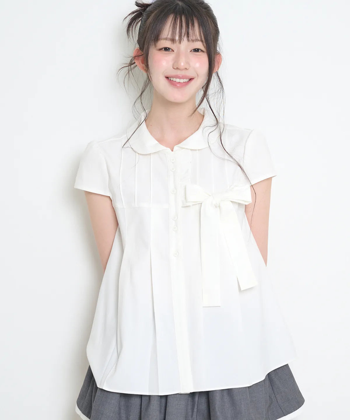 [illigo] RIBBON PLEATED SHORT SLEEVE BLOUSE_WHITE