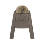 GILA ARCHIVE FUR COLLAR GRAPHIC KNIT ZIP-UP_BROWN