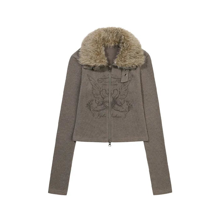 GILA ARCHIVE FUR COLLAR GRAPHIC KNIT ZIP-UP_BROWN