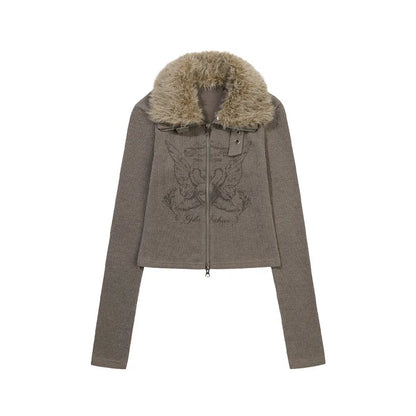 GILA ARCHIVE FUR COLLAR GRAPHIC KNIT ZIP-UP_BROWN