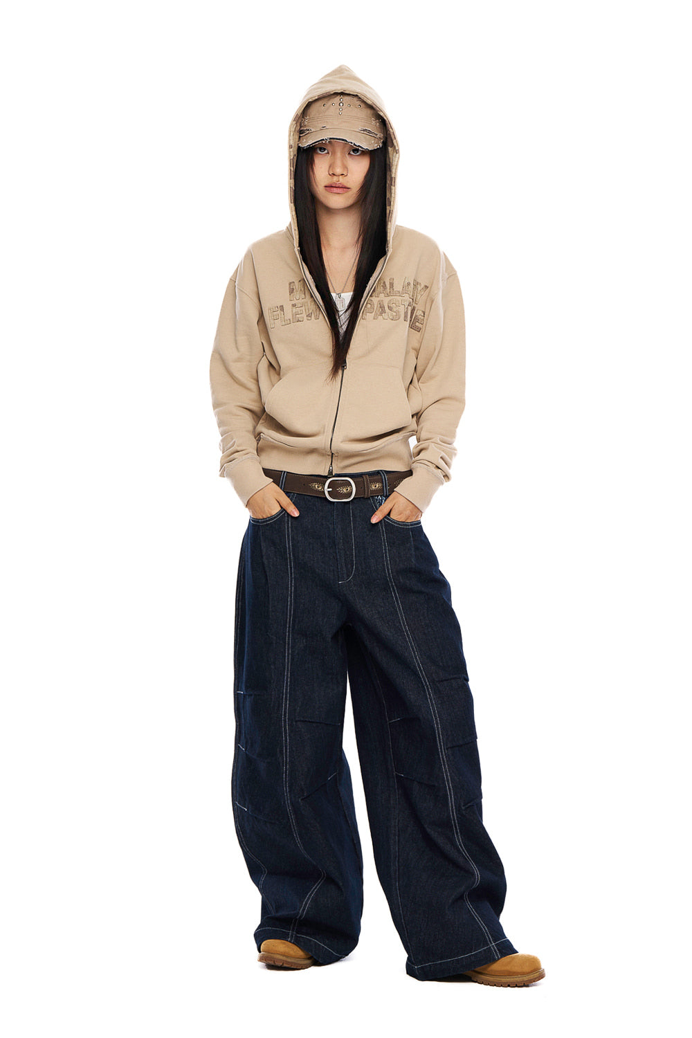 AAKAM Knee Pin-Tuck Paisley Denim Pants (Blue)