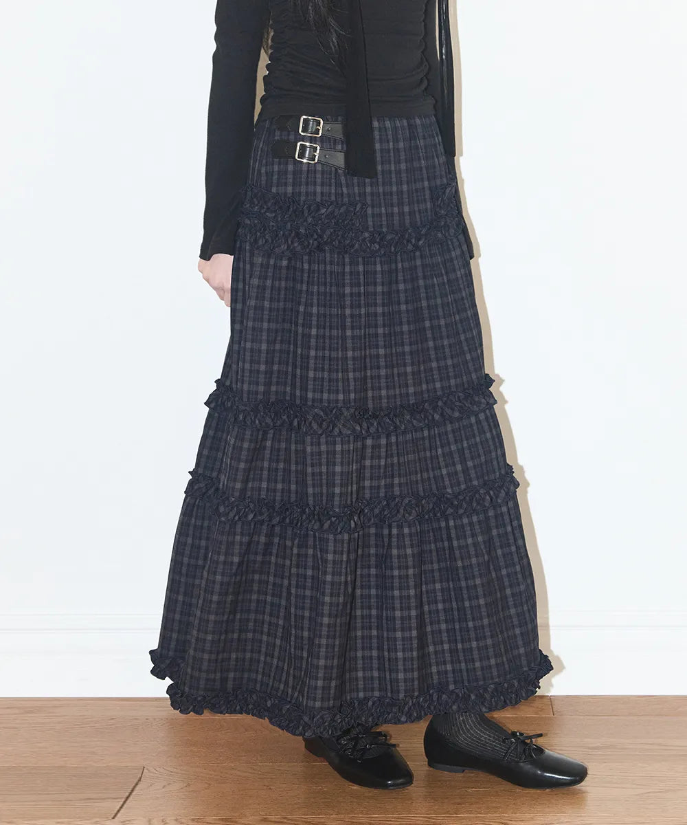 ILLIGO BUCKLE FRILL LONG SKIRT - CHECK NAVY