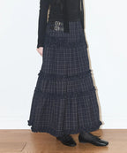 ILLIGO BUCKLE FRILL LONG SKIRT - CHECK NAVY