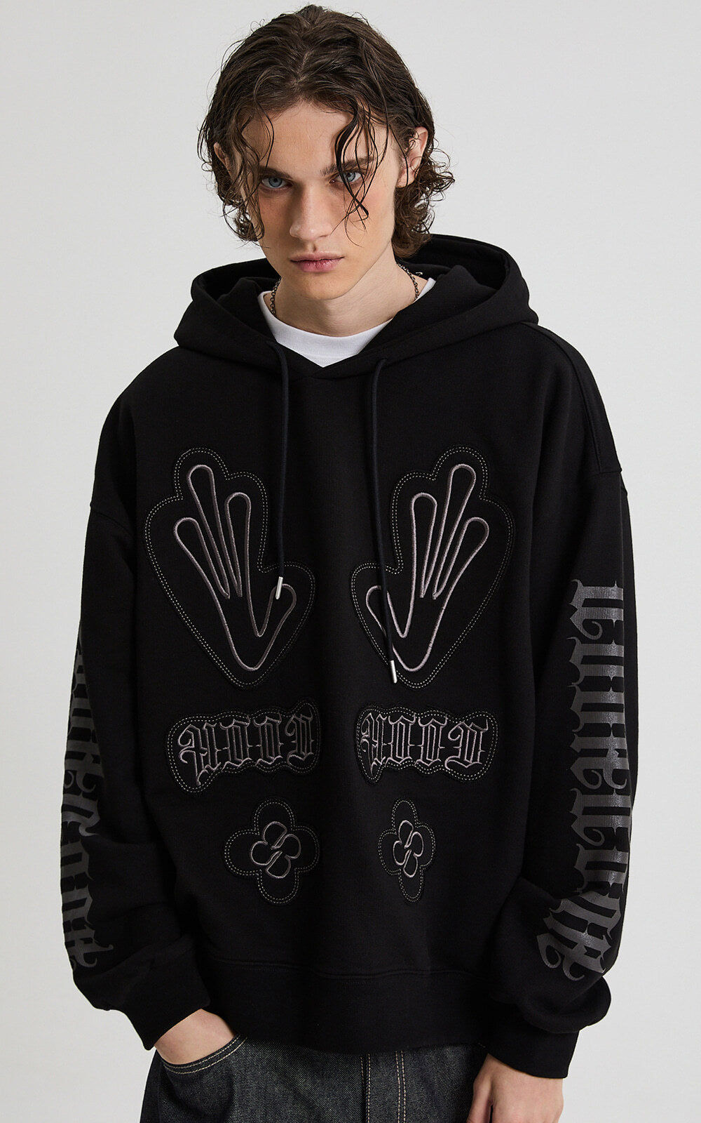 HOODHOOD Multi Logo Applique Hoodie / black