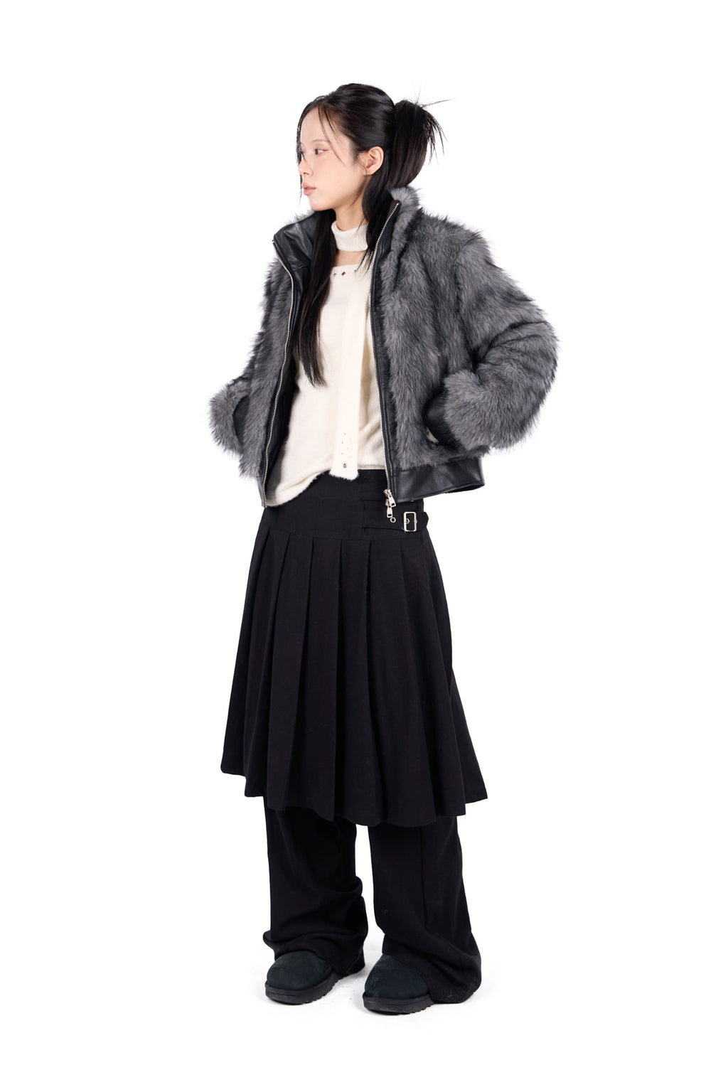 WOOL BUCKLE PLEATS SKIRT PANTS