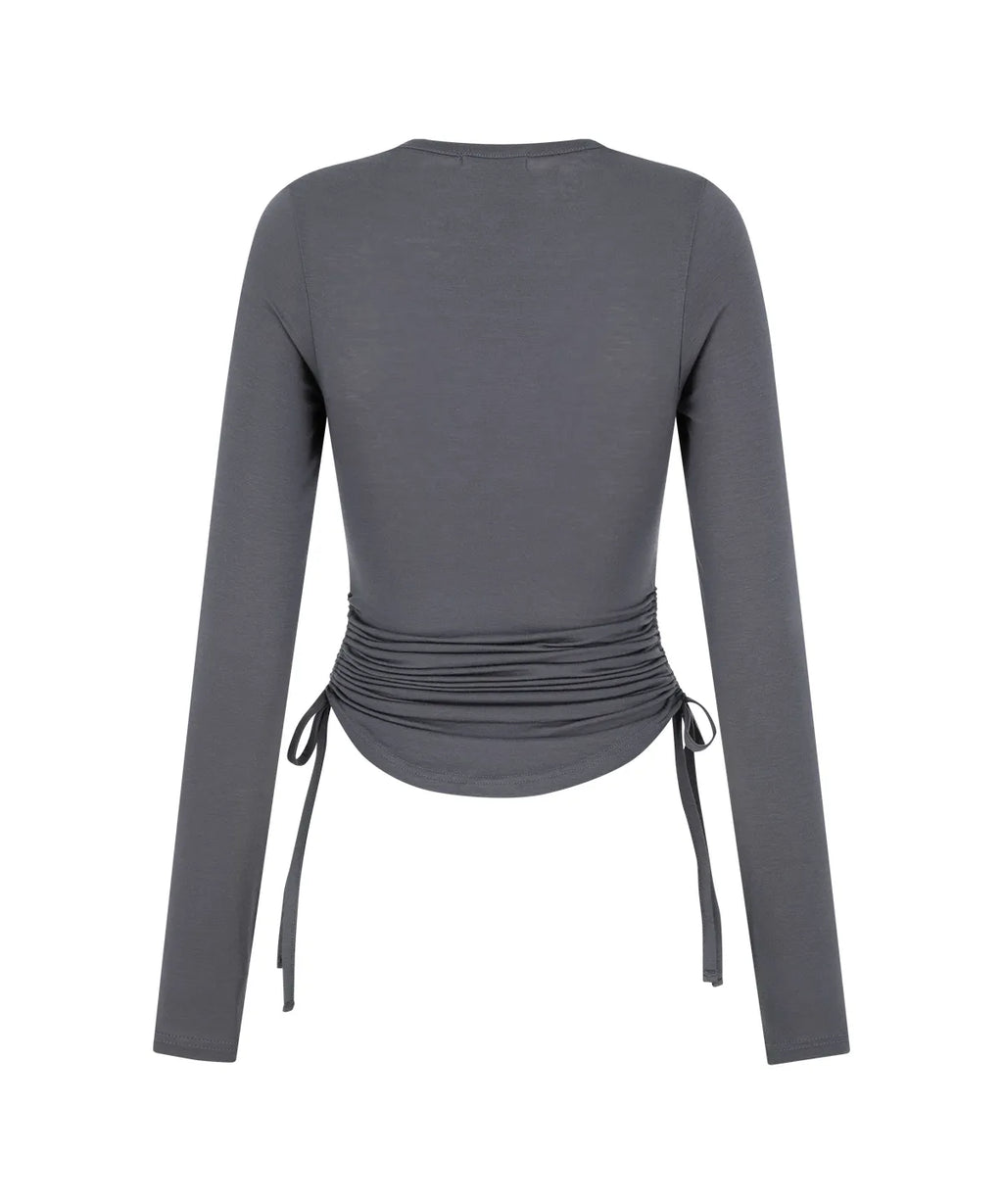 [illigo] BOW BOLERO SHIRRING TOP_CHARCOAL