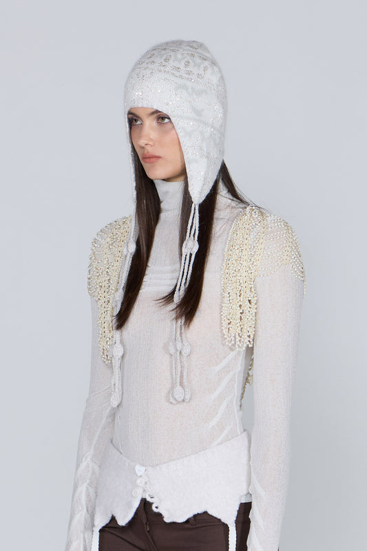 Sculptor Sequin Nordic Earflap Beanie White