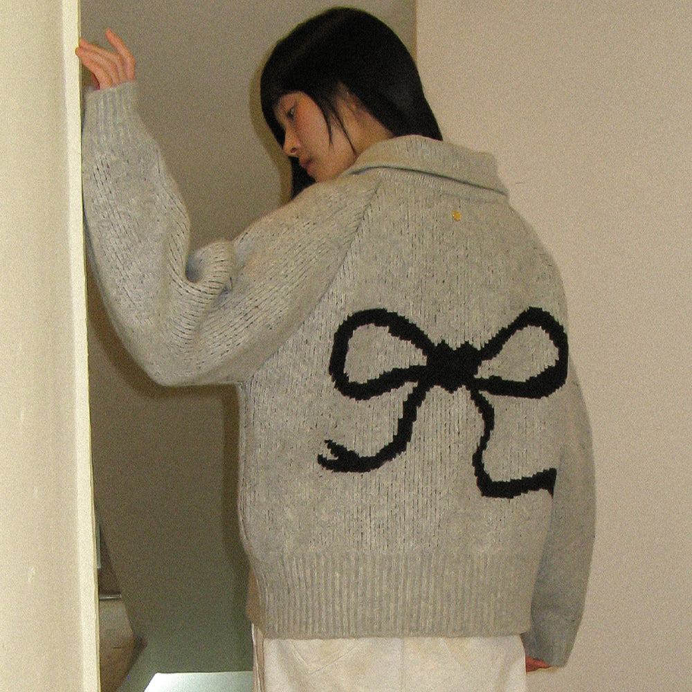 RONRON BACK HEART RIBBON COWICHAN KNIT ZIP UP / GREY