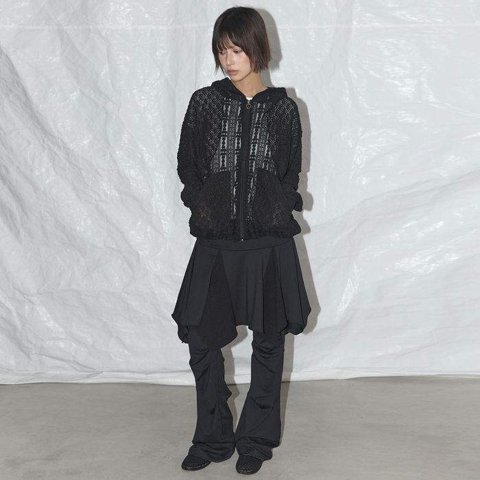 NASTY FANCY CLUB UNBALANCE SKIRT LAYERED PINTUCK PANTS / BLACK