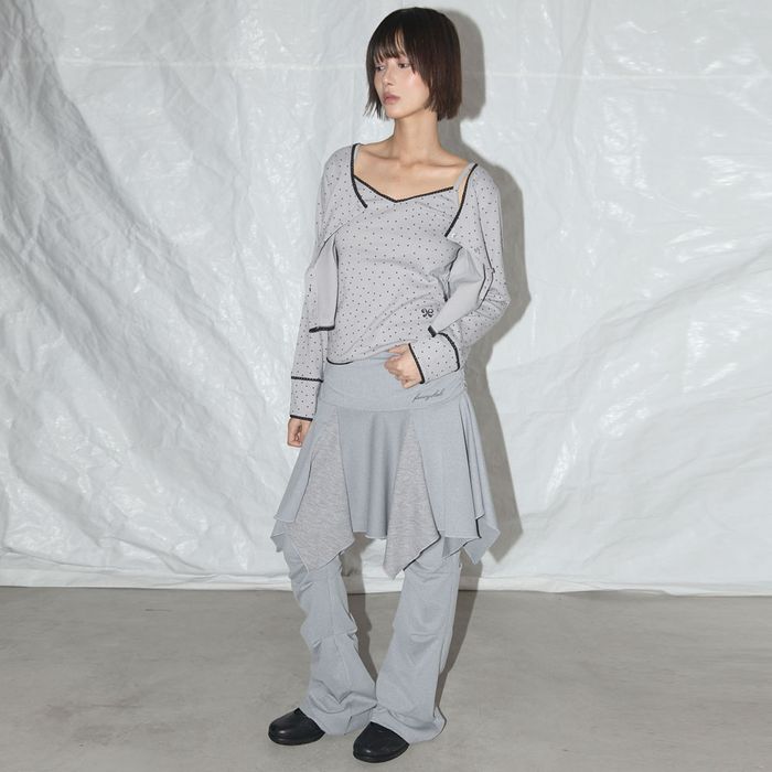 NASTY FANCY CLUB UNBALANCE SKIRT LAYERED PINTUCK PANTS / GREY