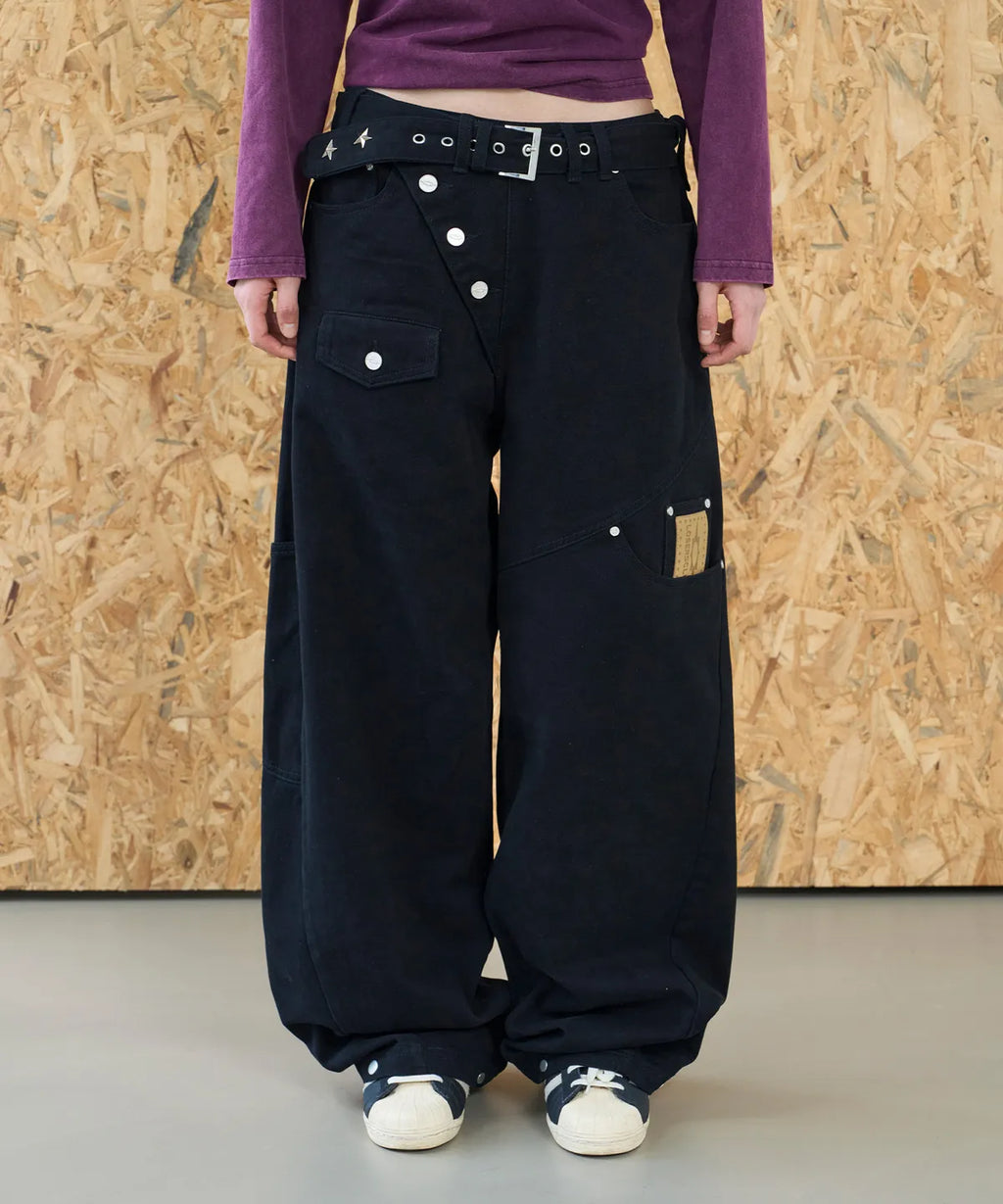 [LSC] Cross Button Wide Cotton Belt Bag Pants - 3 Colors
