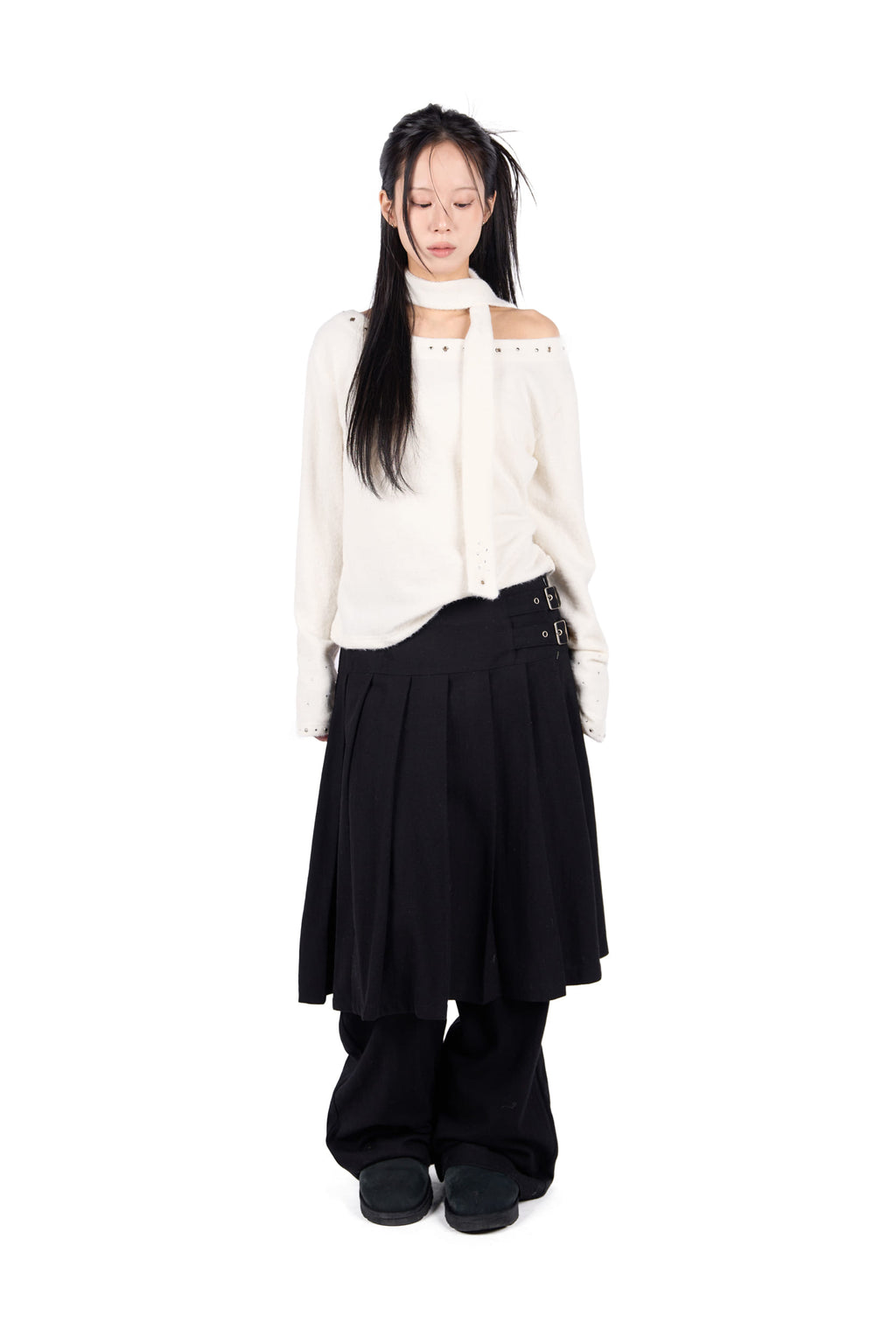 WOOL BUCKLE PLEATS SKIRT PANTS