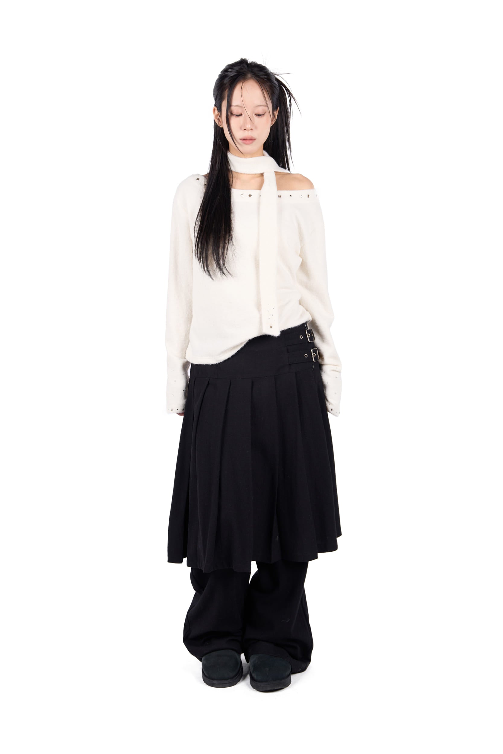 WOOL BUCKLE PLEATS SKIRT PANTS
