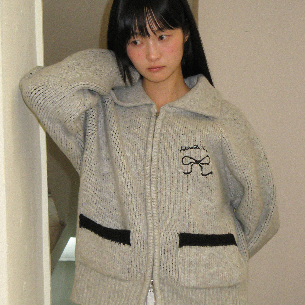 RONRON BACK HEART RIBBON COWICHAN KNIT ZIP UP / GREY