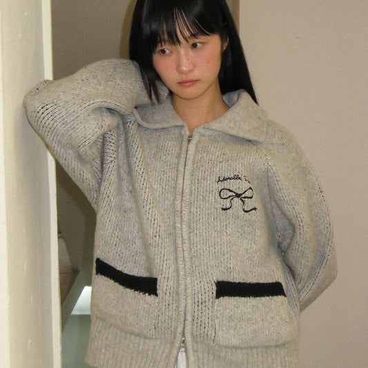 RONRON BACK HEART RIBBON COWICHAN KNIT ZIP UP / GREY