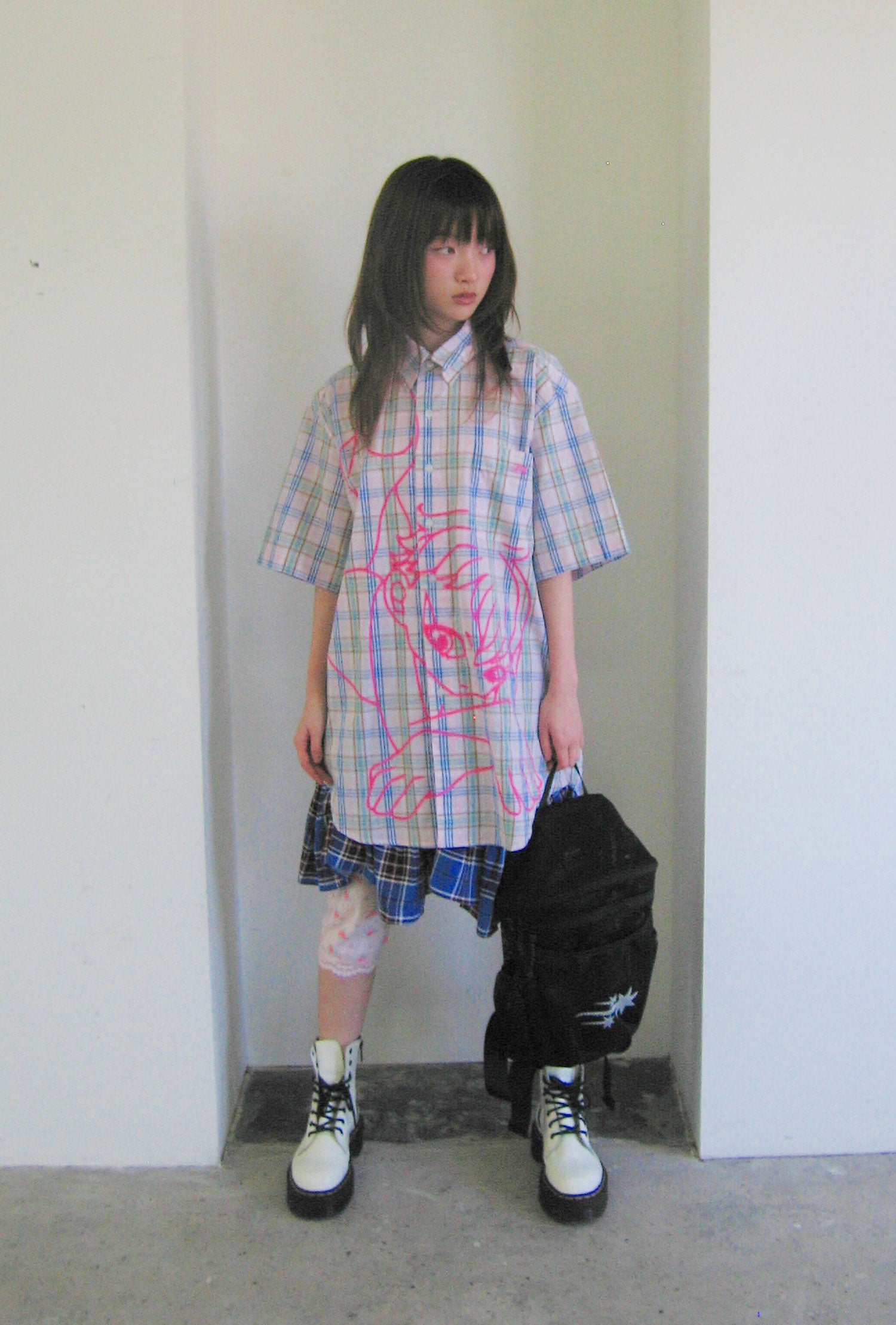 niceghostclub angel check big big half shirt [2colors]