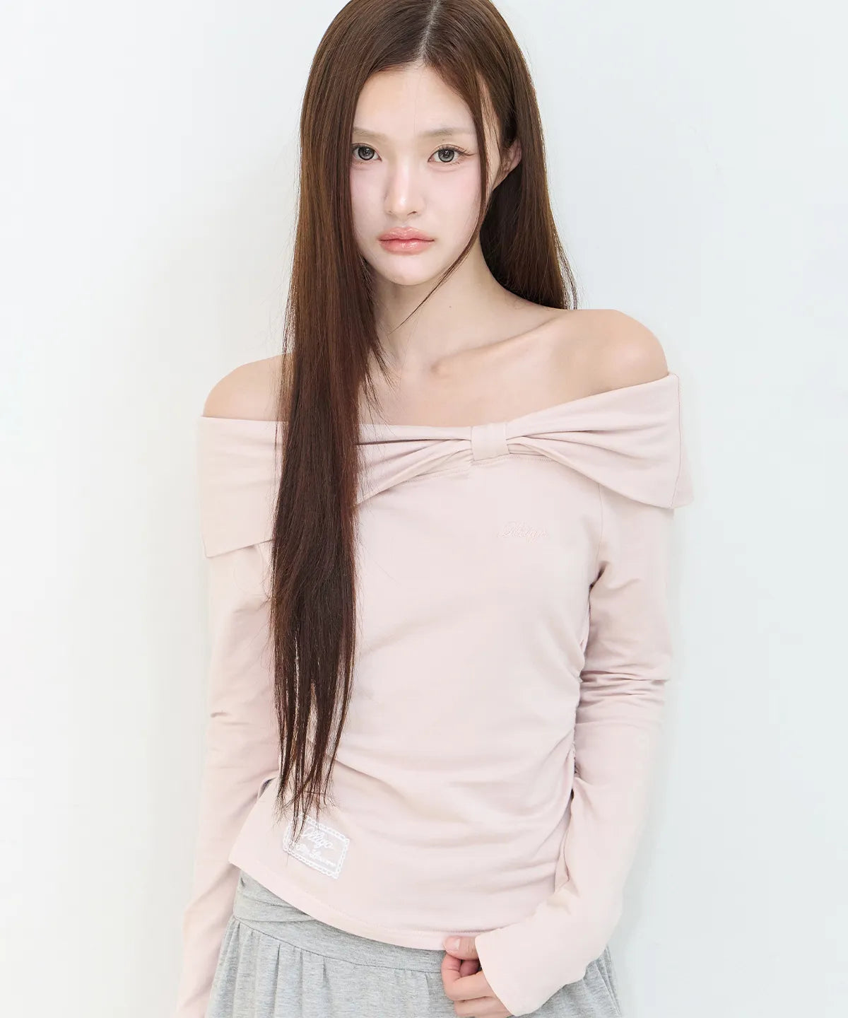 [illigo] BOW OFF SHOULDER LONG SLEEVE_PINK