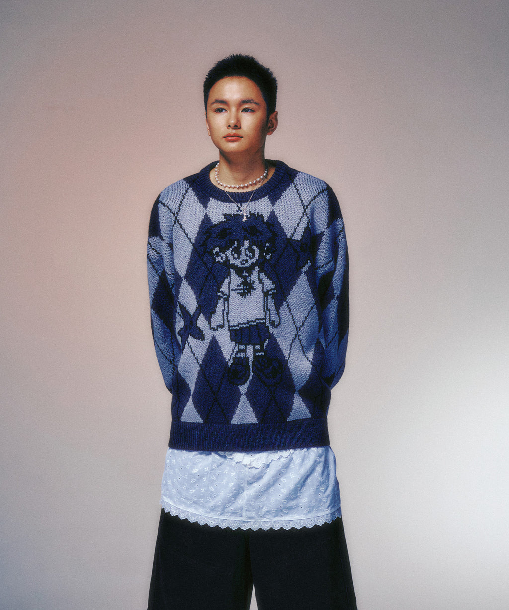 niceghostclub LITTLE GHOST ARGYLE KNIT
[CHARCOAL]