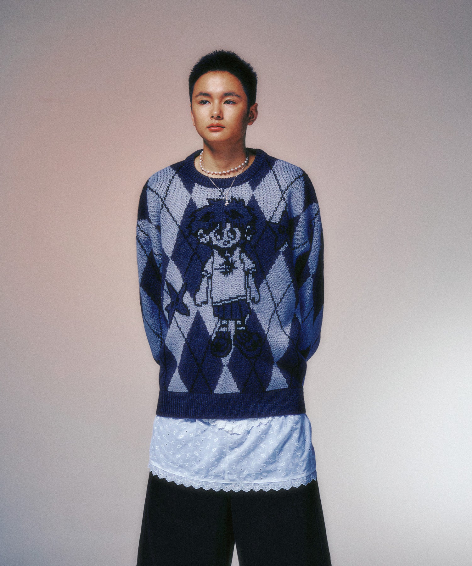 niceghostclub LITTLE GHOST ARGYLE KNIT
[CHARCOAL]