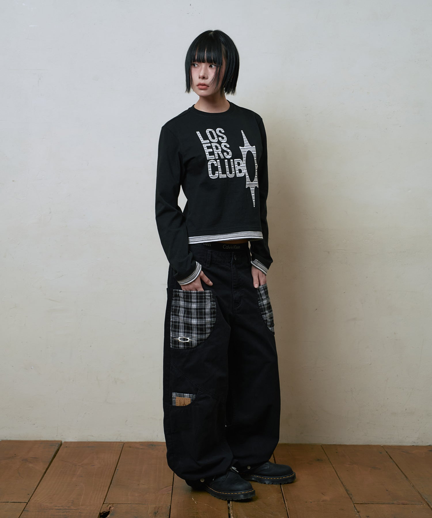 LSC CHECK PATCH WIDE COTTON PANT (BLACK)