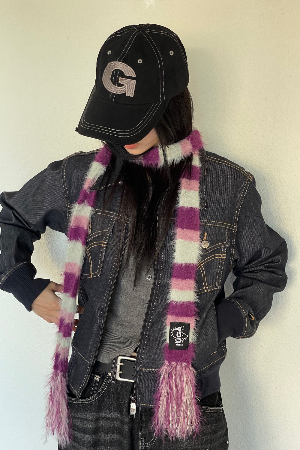 IUGA Striped Hairy Skinny Muffler (Magenta)