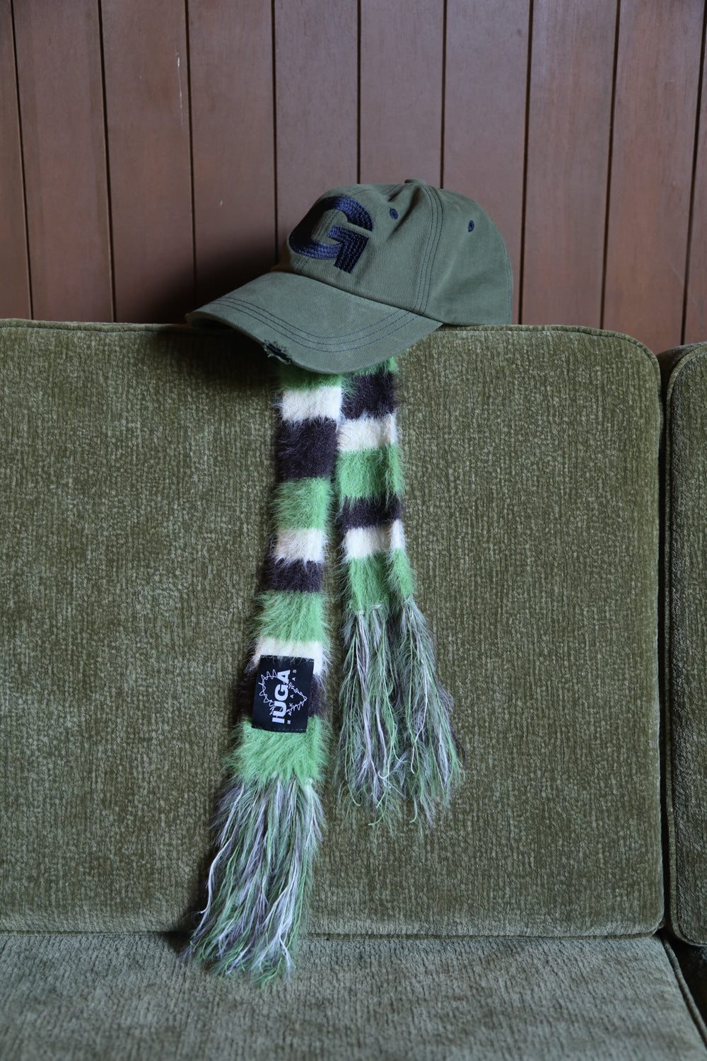 IUGA Striped Hairy Skinny Muffler (Green)