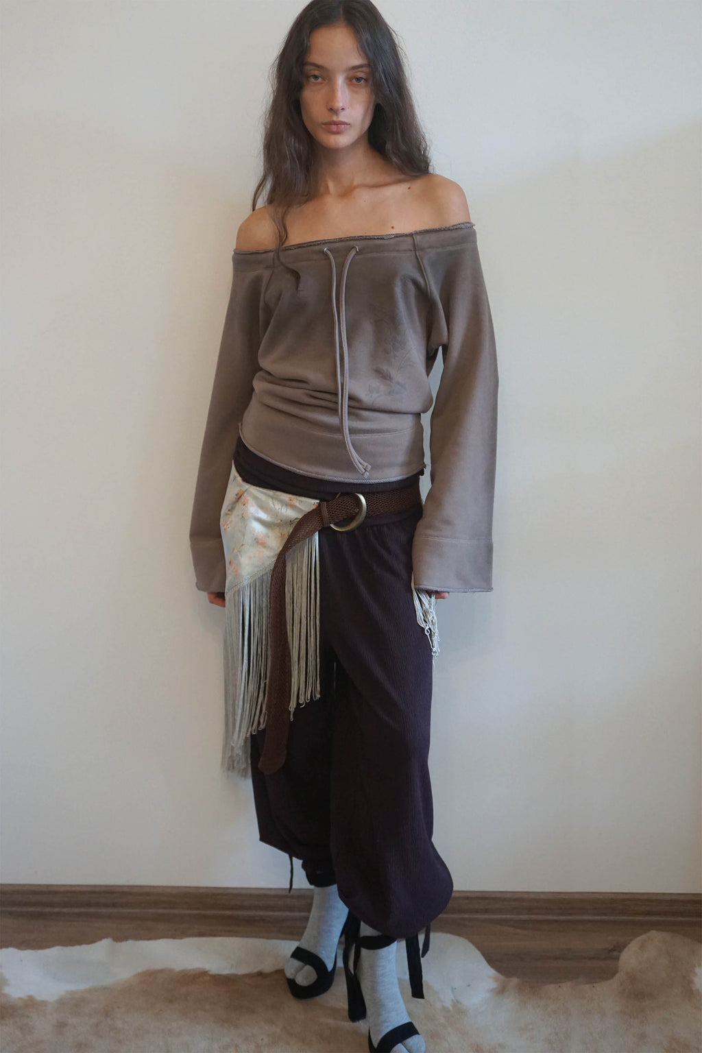 Sculptor Wide Bell Sleeve Sweatshirt Taupe Brown
