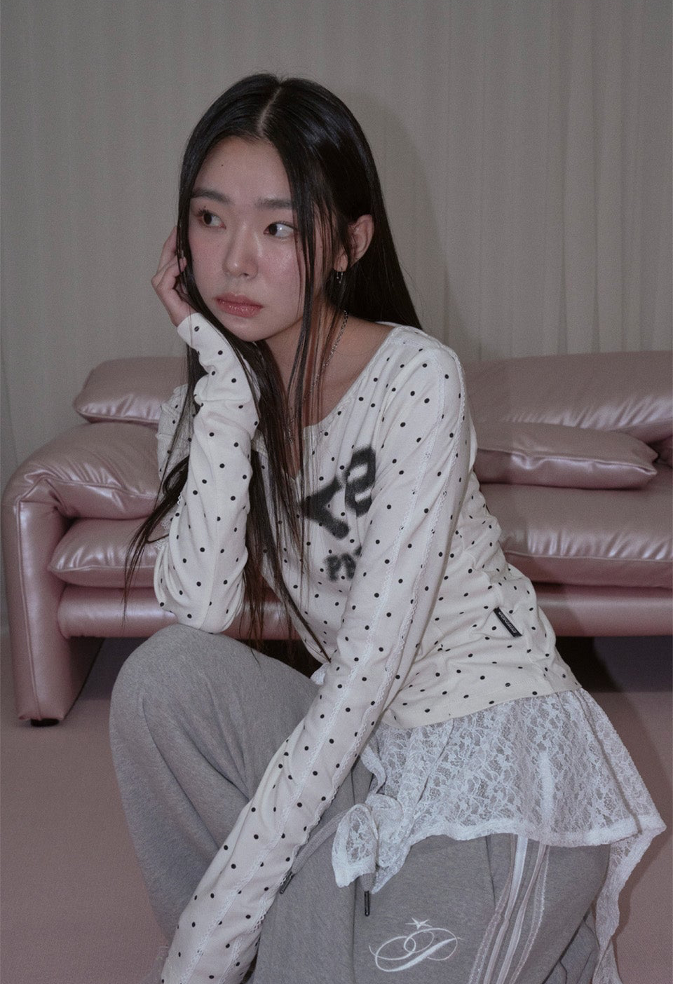 LACE NECK BUTTON DOT LONG SLEEVE IVORY