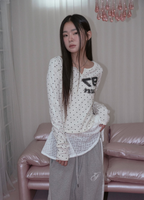 LACE NECK BUTTON DOT LONG SLEEVE IVORY
