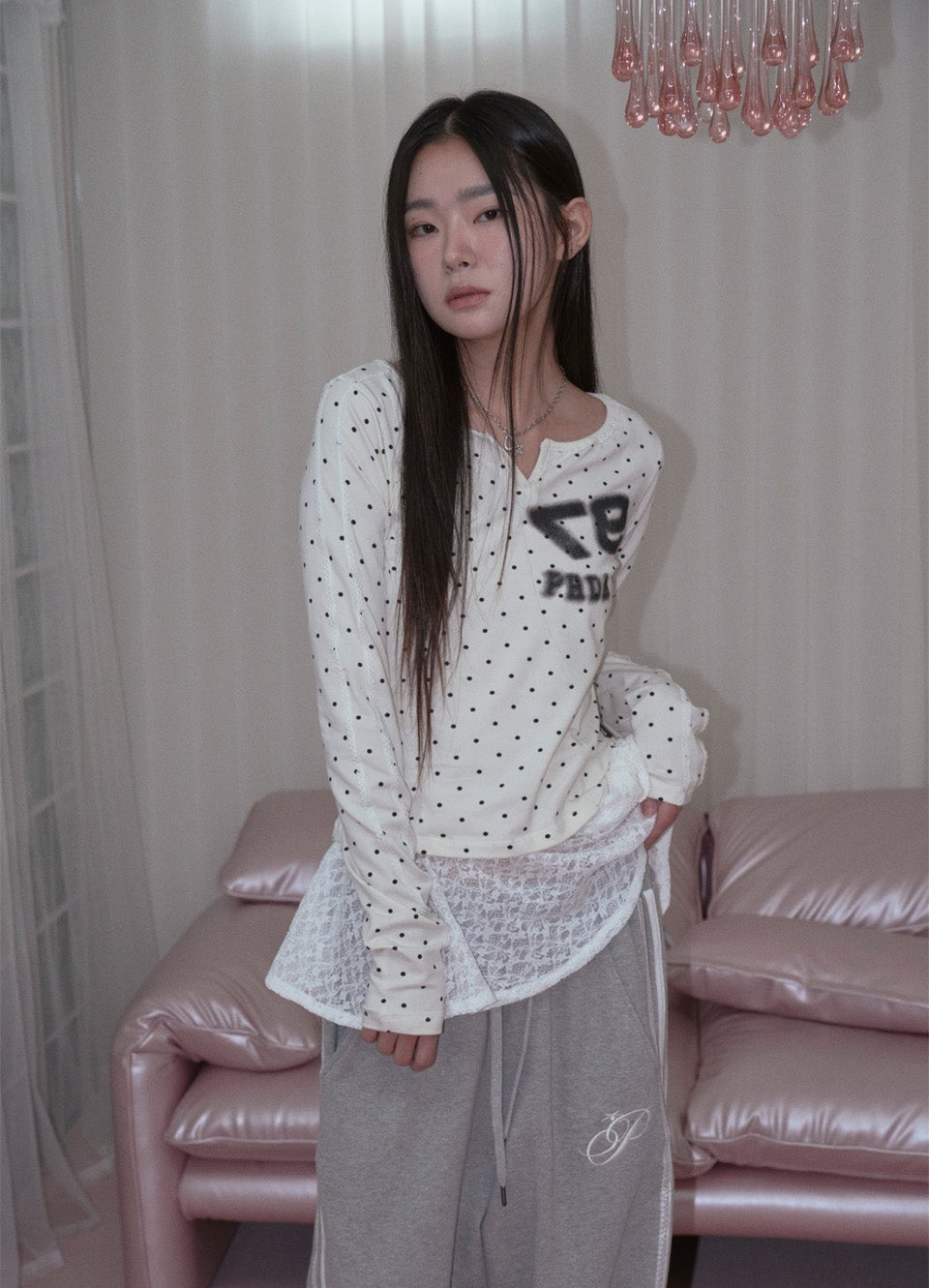 LACE NECK BUTTON DOT LONG SLEEVE IVORY