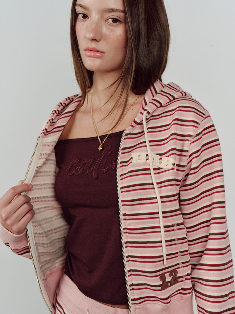CALIE BABE STRIPE HOOD ZIP UP PINK