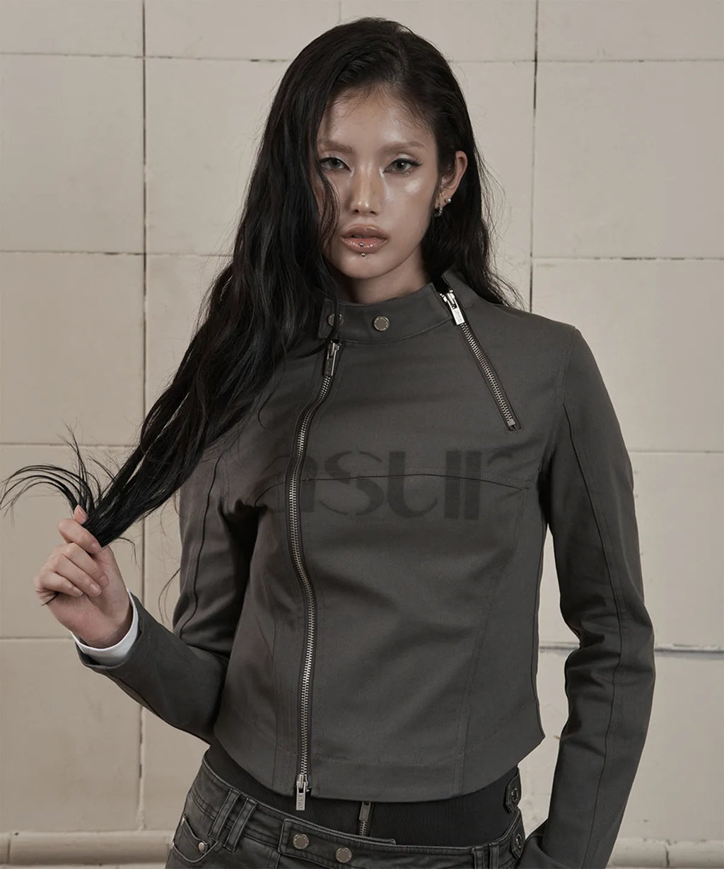 [asur] Facade Logo High-Neck Zip-Up - Charcoal/Black