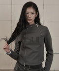 [asur] Facade Logo High-Neck Zip-Up - Charcoal/Black