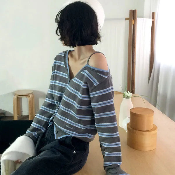 [rolarola] ONE OFF SHOULDER STRIPE WOOL BLENDED CARDIGAN - 4 COLORS