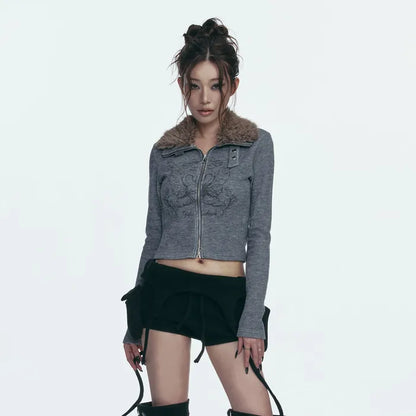 GILA ARCHIVE FUR COLLAR GRAPHIC KNIT ZIP-UP_GREY