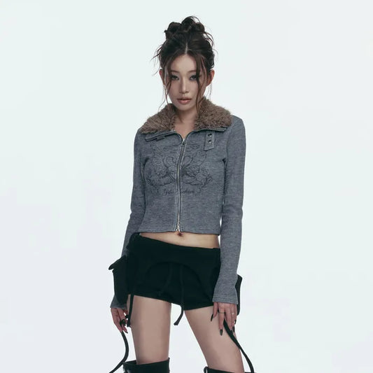 GILA ARCHIVE FUR COLLAR GRAPHIC KNIT ZIP-UP_GREY